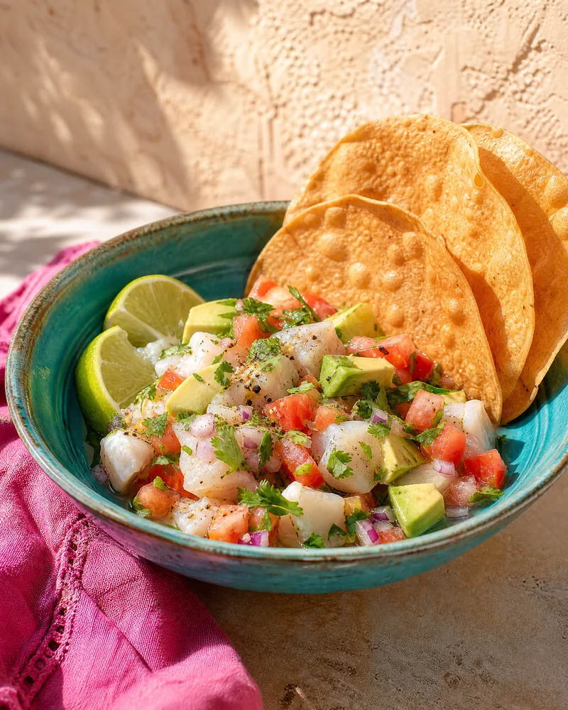 Ceviche imagery from La Palapa’s seafood selection in Lubbock, with avocado and tostadas