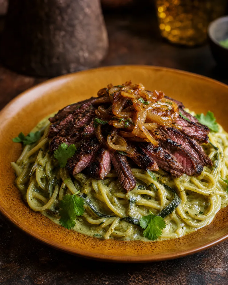 Mexican Green Pasta from La Palapa’s website, with grilled steak and caramelized onions