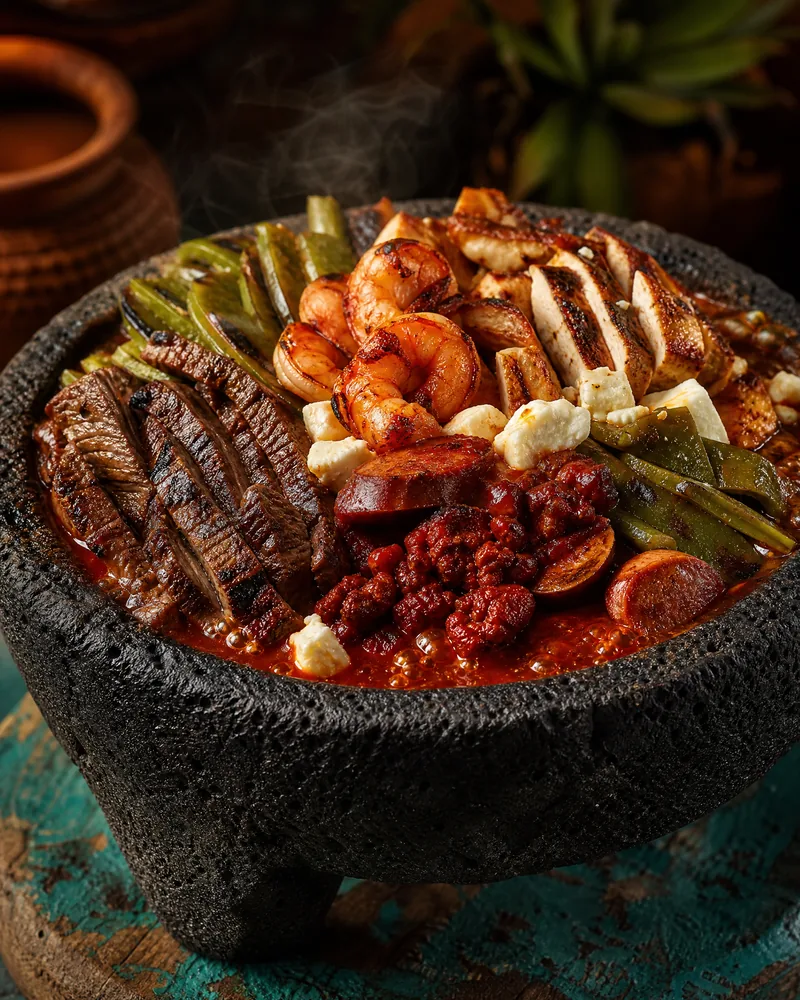 La Palapa’s featured Molcajete Fuego imagery with grilled meats, shrimp, nopales and queso fresco