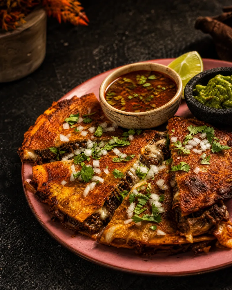 Pizzabirria featured on La Palapa’s Lubbock menu, with consommé and guacamole
